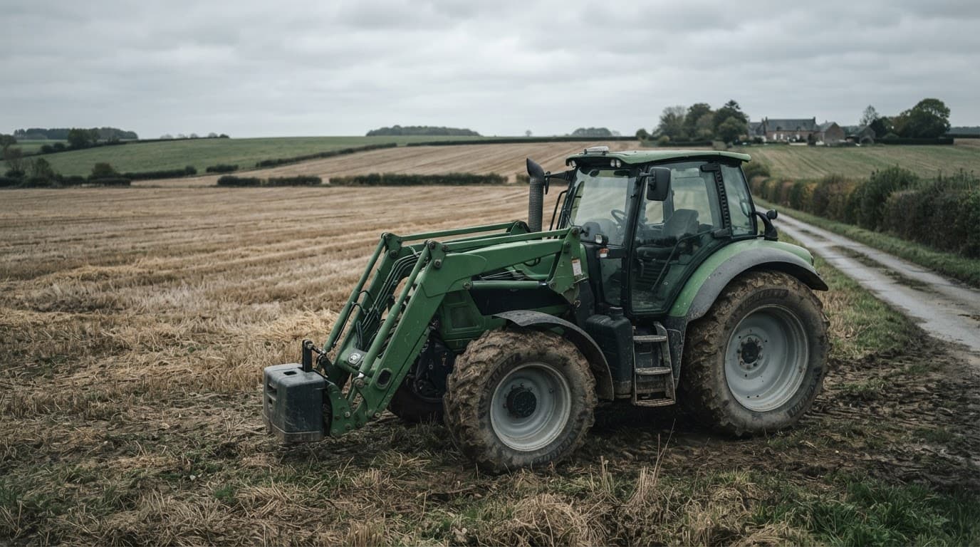 Tracteur agricole avec chargeur frontal dans un champ moissonné